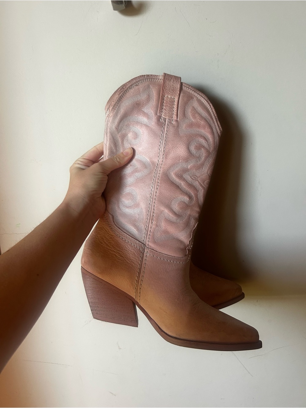 Steve Madden Pink and Tan Two-Tone Western Block Heel Boots